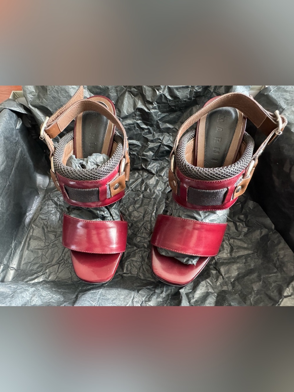 Marni Platform Heeled Sandals in Burgundy, Black & Tan - Picture 3 of 8